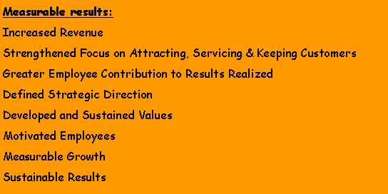 Text Box: Measurable results:Increased RevenueStrengthened Focus on Attracting, Servicing & Keeping CustomersGreater Employee Contribution to Results Realized Defined Strategic DirectionDeveloped and Sustained ValuesMotivated EmployeesMeasurable GrowthSustainable Results 