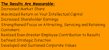 Text Box: The Results Are Measurable:Increased Market ShareMaximized Return on Your Intellectual CapitalIncreased Shareholder EarningsStrengthened Focus on Attracting, Servicing and Retaining CustomersRealized Even Greater Employee Contribution to ResultsDefined Strategic DirectionDeveloped and Sustained Corporate Values